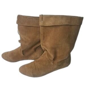 1980s Vintage Brown Suede Folded Slide On Slouch Wide Leg Almond Toe Boots 7M